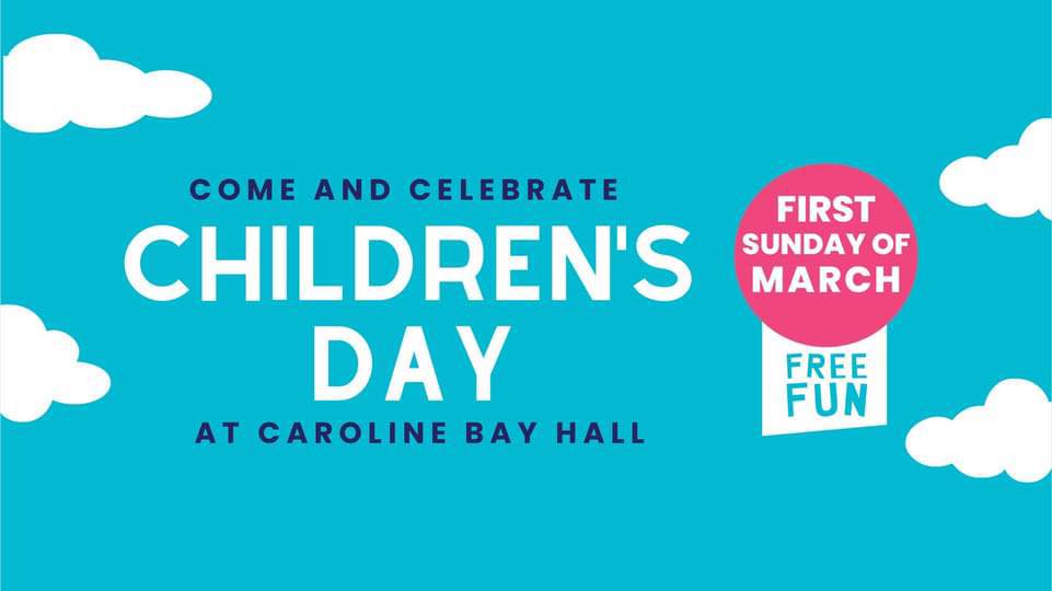Promo banner on blue background saying "Children's Day, first weekend in March at Caroline Bay"